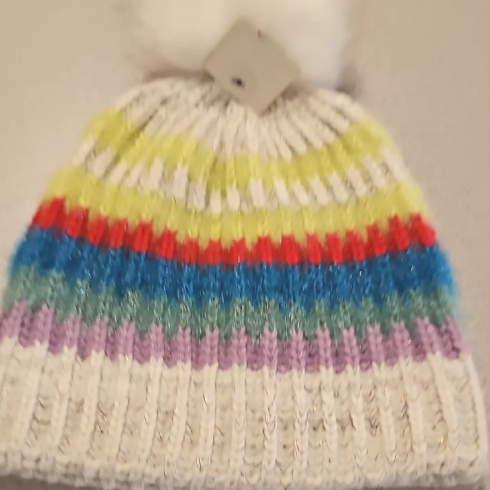 SO Multicolor Striped Kids Or Womens  Beanie with Pom Pom. New With Tags‎